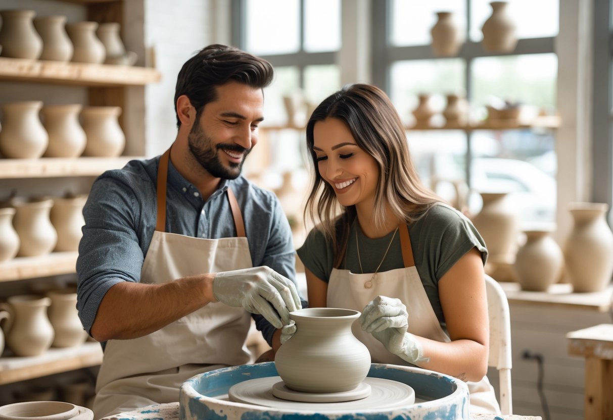 A couple shaping clay together on a pottery wheel inside a bright pottery studio.