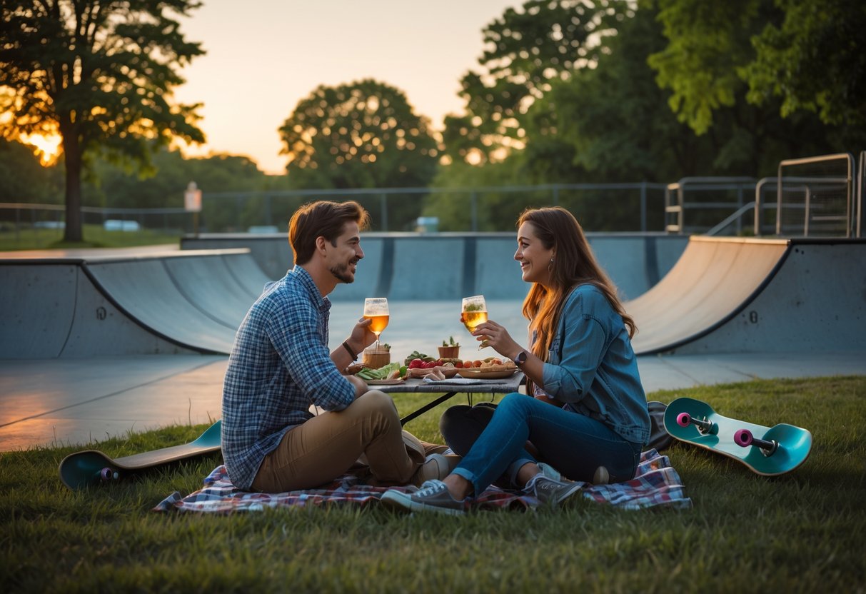 A young couple having a picnic near a skatepark with skateboards resting nearby during sunset.