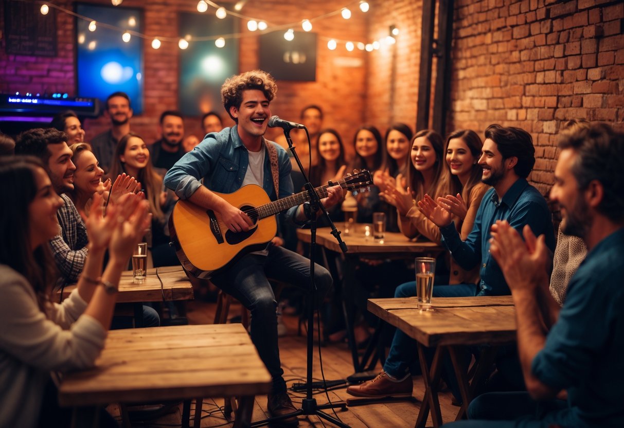 People enjoying live music at an open mic night in a cozy venue with a musician playing guitar on stage and an engaged audience seated at tables.