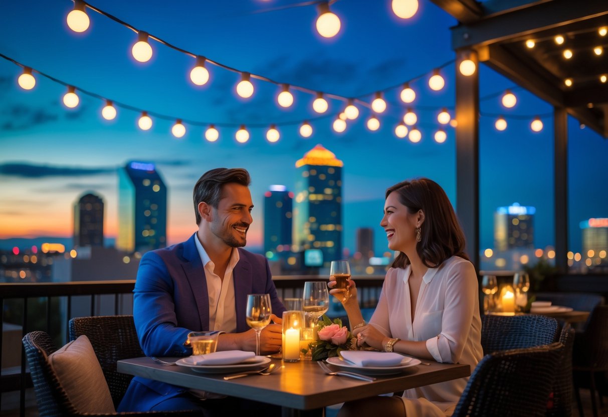 A couple enjoying a romantic dinner at a rooftop restaurant with the Charlotte city skyline lit up at night.