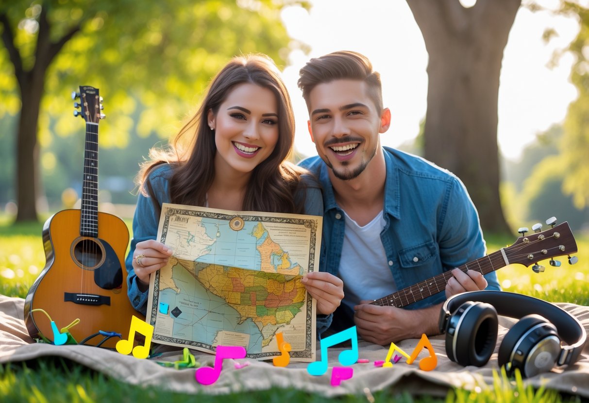 A young couple outdoors smiling and holding a map and musical clues during a music-themed treasure hunt in a sunny park.