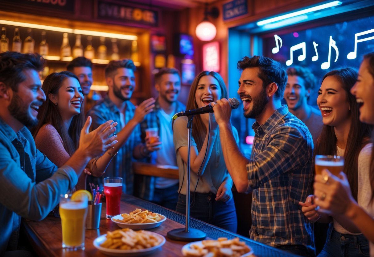 A couple singing karaoke on stage at a local bar while friends cheer and enjoy drinks around them.