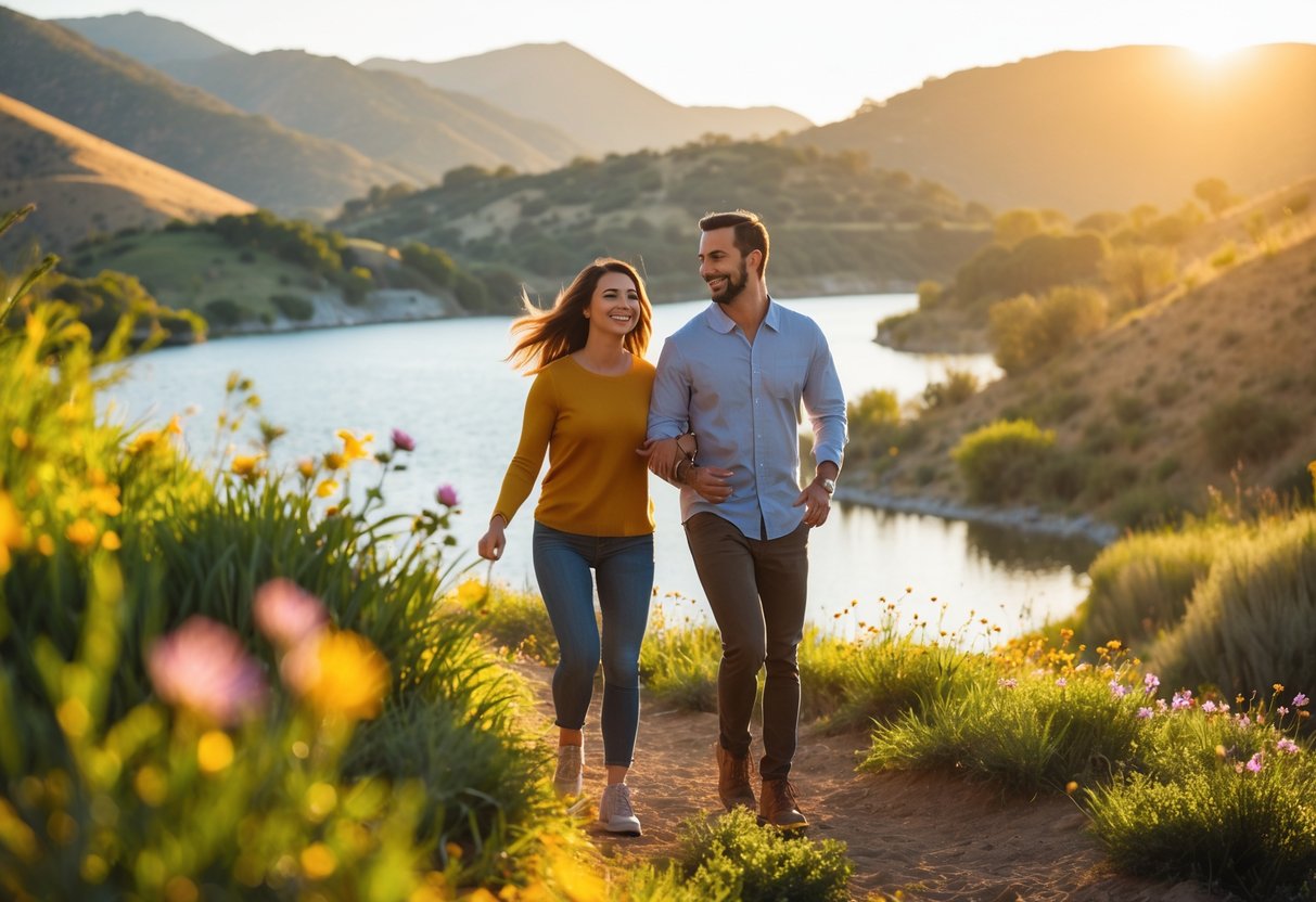 A couple hiking on a scenic trail surrounded by hills and greenery near a sparkling lake during sunset.
