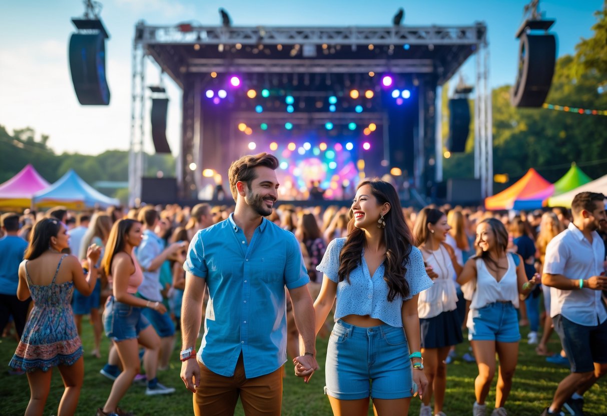 A couple holding hands and enjoying a lively outdoor music festival with a crowd and stage in the background.