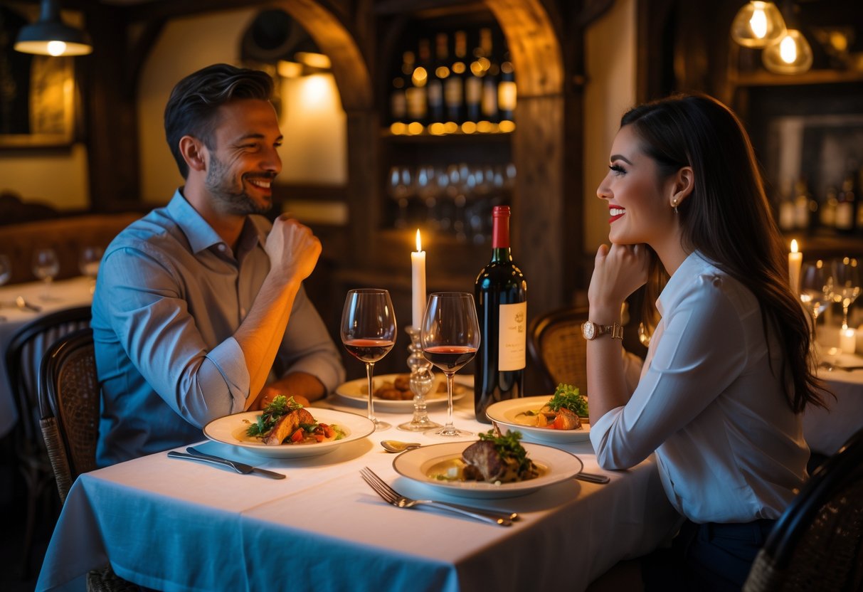 A couple enjoying a romantic candlelit dinner at a cozy French bistro with warm lighting and rustic decor.