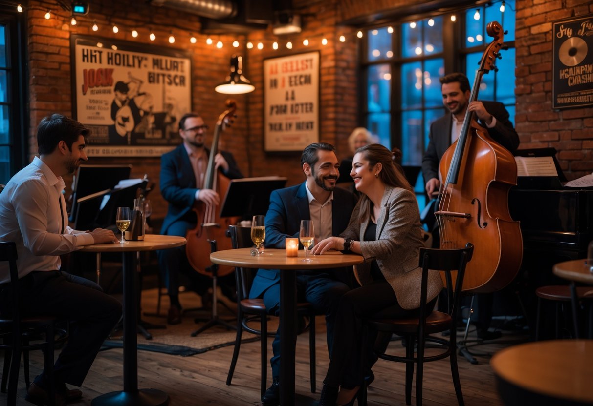 A couple enjoying live jazz music in a small, cozy club with a band playing on stage.