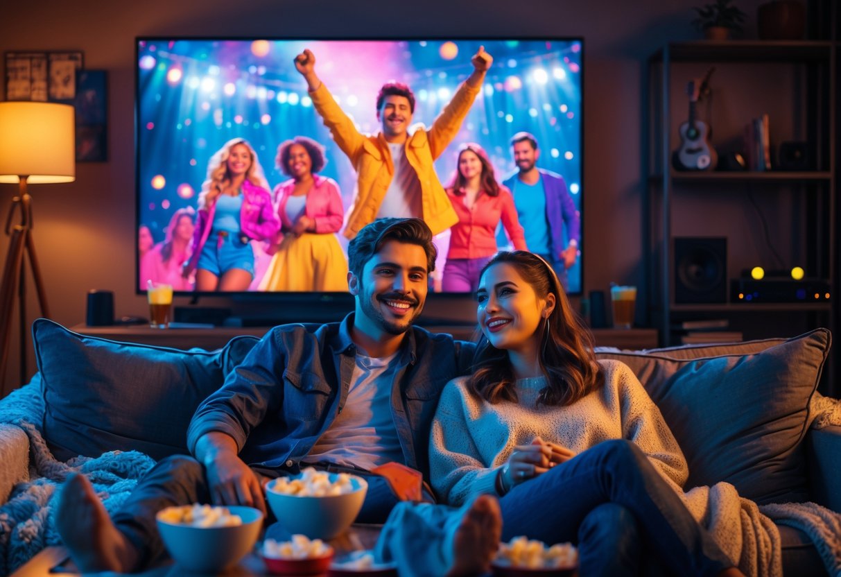 A young couple sitting on a sofa watching a musical movie on TV at home, surrounded by cozy blankets and snacks.
