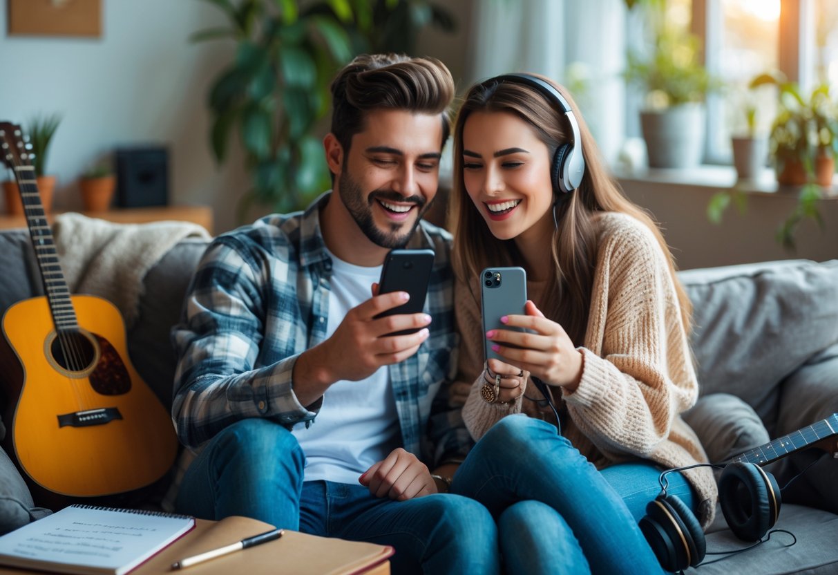A young couple sitting on a couch, writing and recording a song together using a smartphone app.