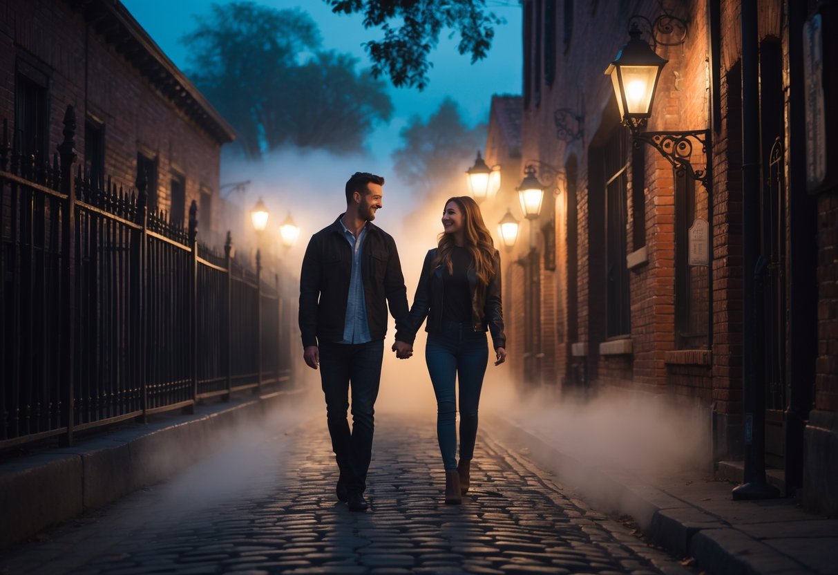 A young couple walking hand-in-hand on a dimly lit historic street at dusk during a ghost tour in Riverside.