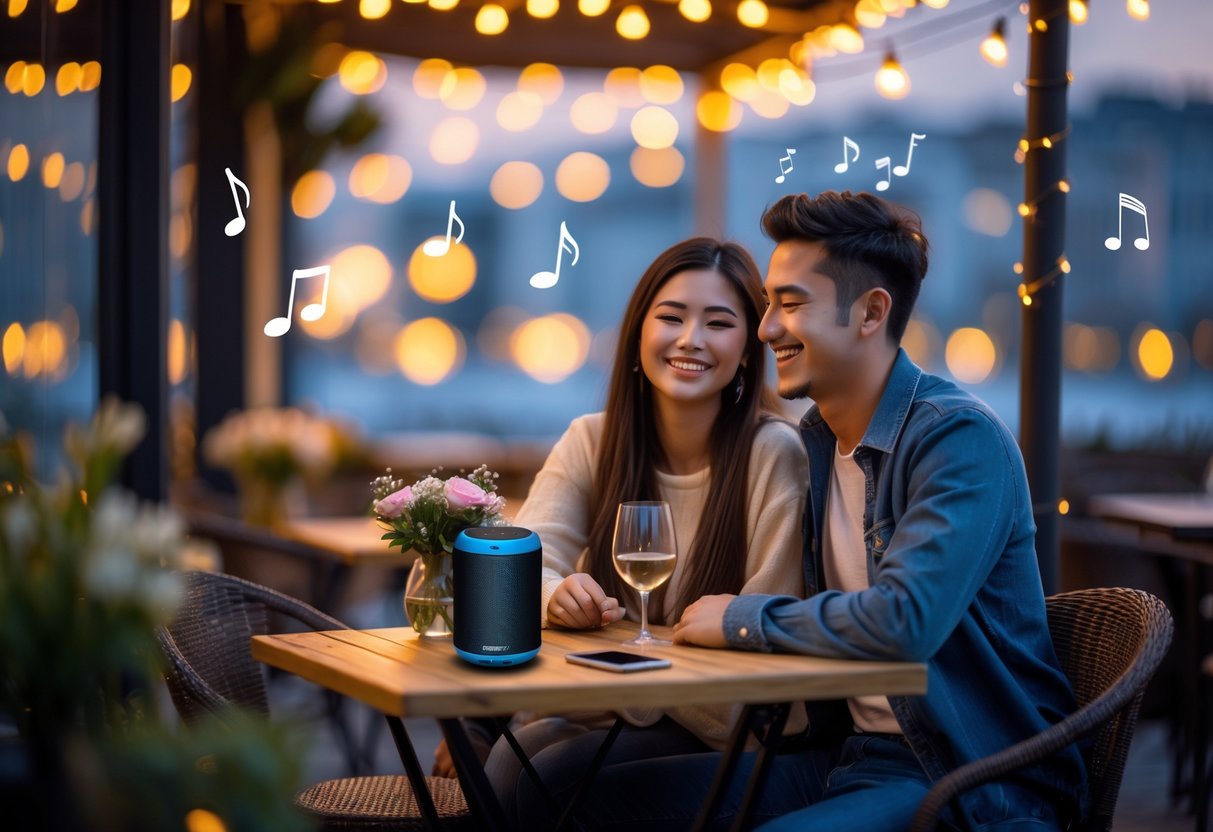 A young couple enjoying a cozy outdoor date at a café table with a portable speaker playing music, surrounded by warm lights and a city backdrop.