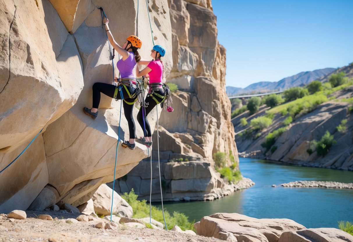 A couple rock climbing together on a sunny day at Riverside Quarry surrounded by rocky cliffs and greenery.