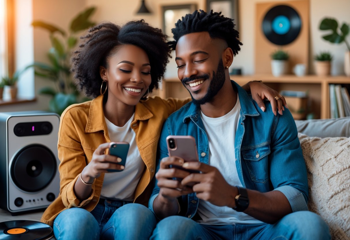 A smiling couple sitting together in a cozy living room, enjoying music from a shared playlist on a smartphone.