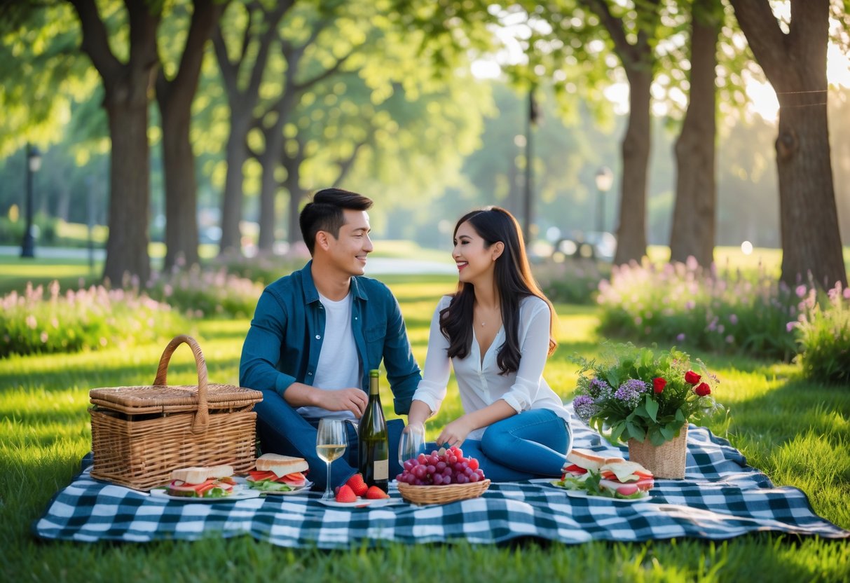 A young couple enjoying a picnic on a blanket in a green park surrounded by trees and picnic items.