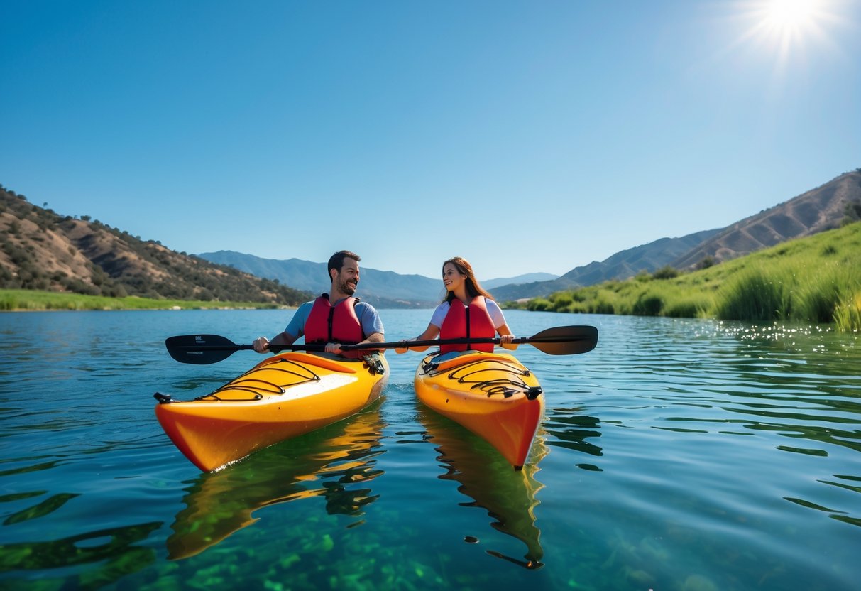A couple kayaking together on calm water surrounded by green hills and mountains.
