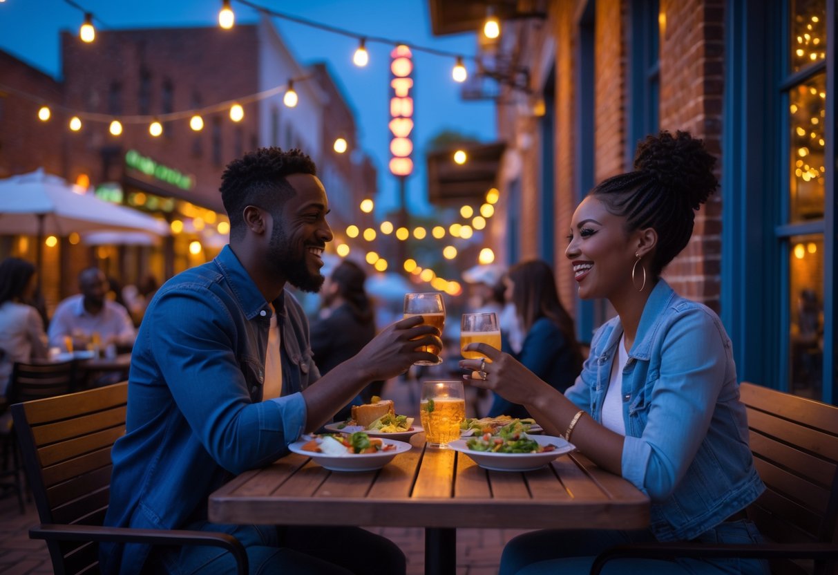 A couple enjoying a cozy outdoor dinner in Nashville on a Sunday night with warm lights and city buildings around them.