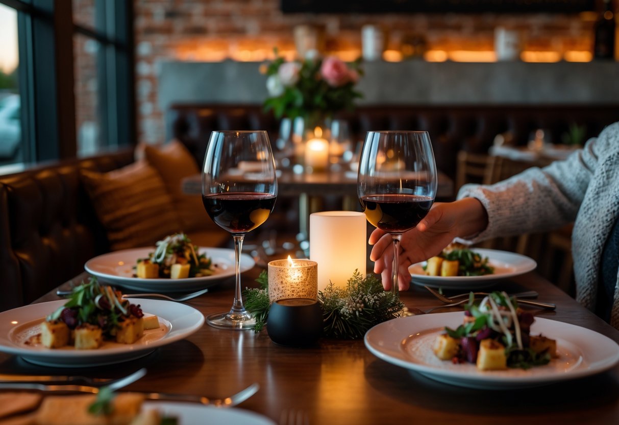 A couple enjoying a romantic dinner at a warmly lit restaurant table with wine and food.