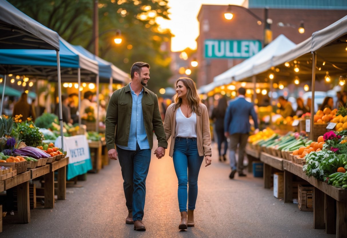 A couple walking hand-in-hand through an outdoor farmers' market with colorful stalls and fresh produce during sunset.