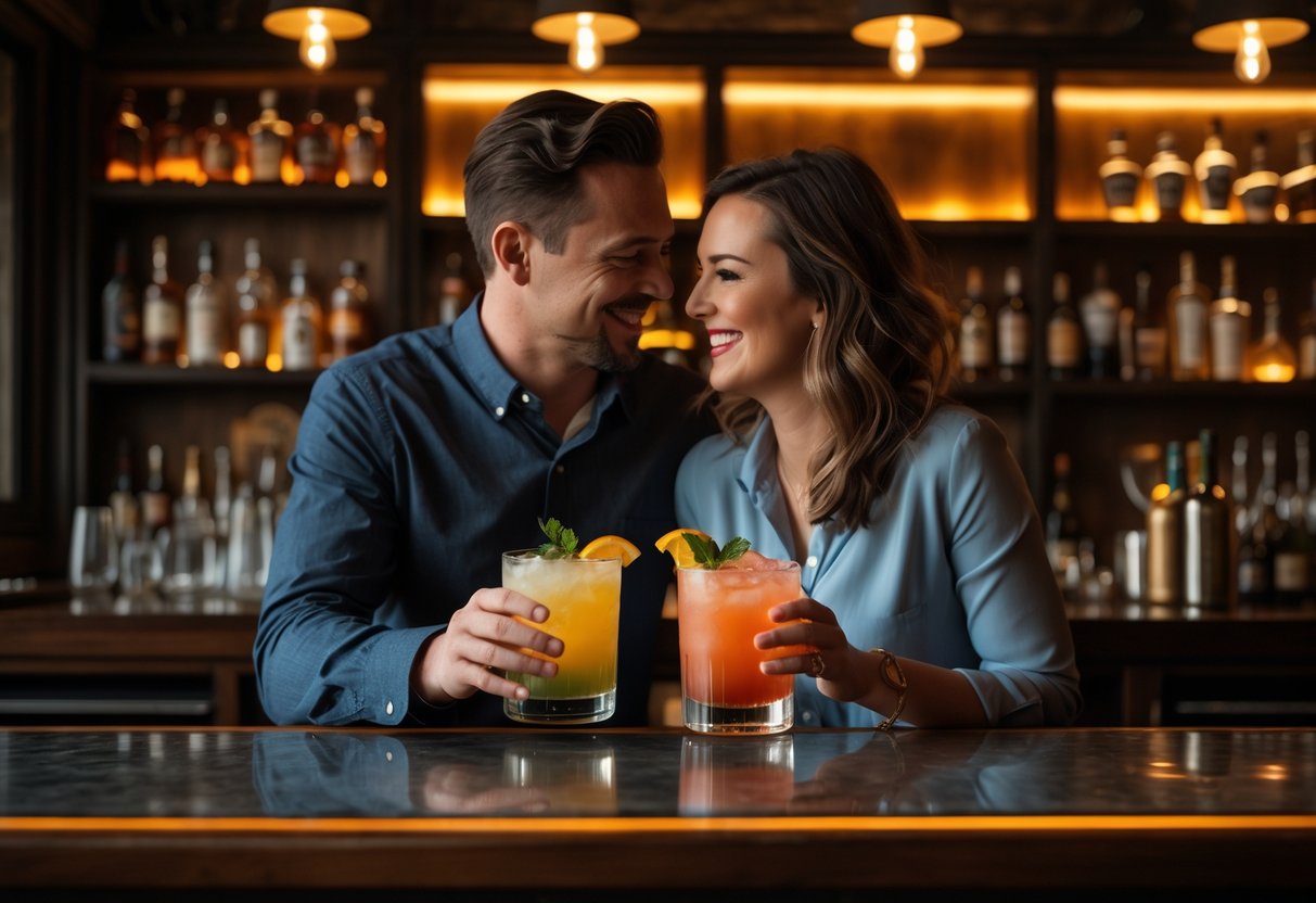 A couple sitting at a bar enjoying cocktails together in a cozy, dimly lit setting.