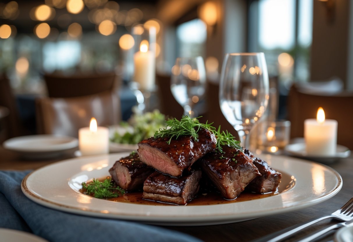 A romantic restaurant table set for two with a plate of bison short ribs and side dishes, lit by candlelight in a cozy dining setting.
