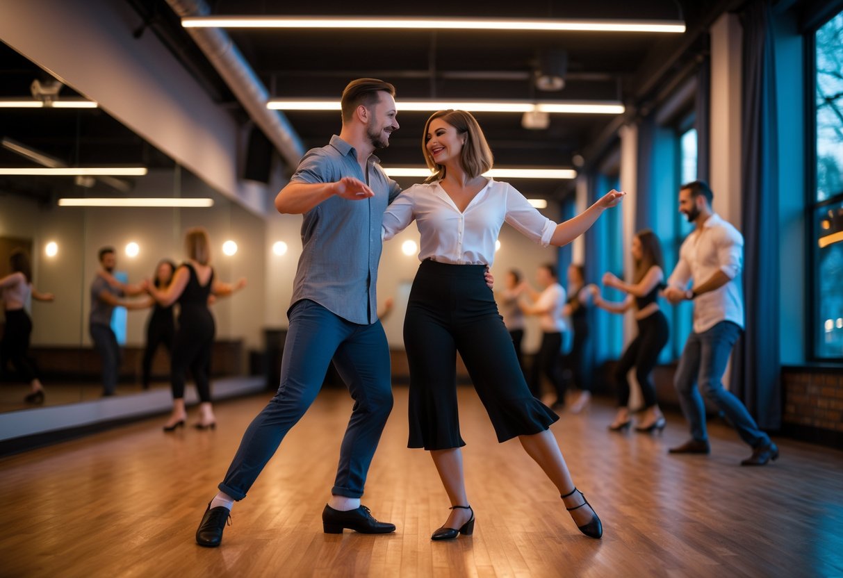 A couple dancing together in a dance studio with wooden floors and mirrors, smiling and enjoying a dance class.