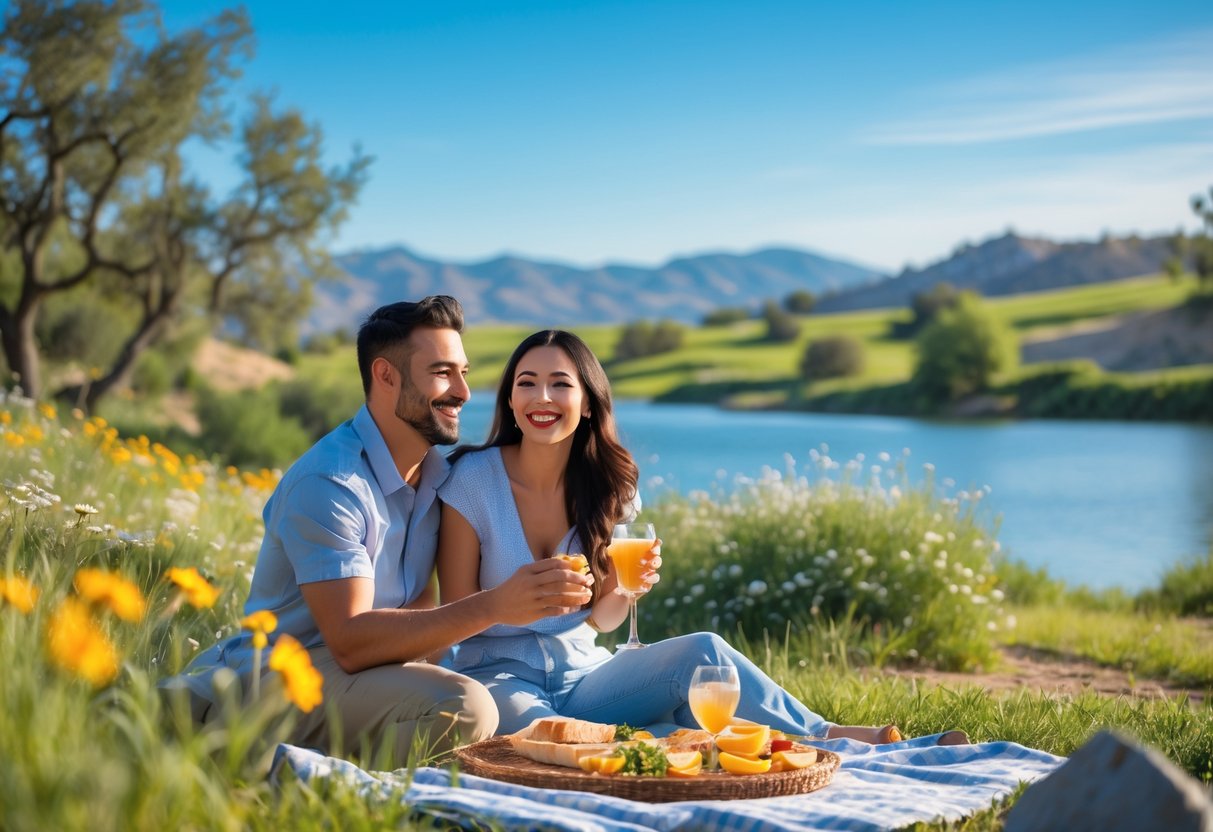 A couple enjoying a sunny outdoor date in a natural park with hills and trees in the background.