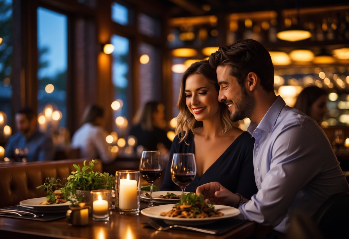 A couple enjoying a cozy dinner together at a warmly lit restaurant table.