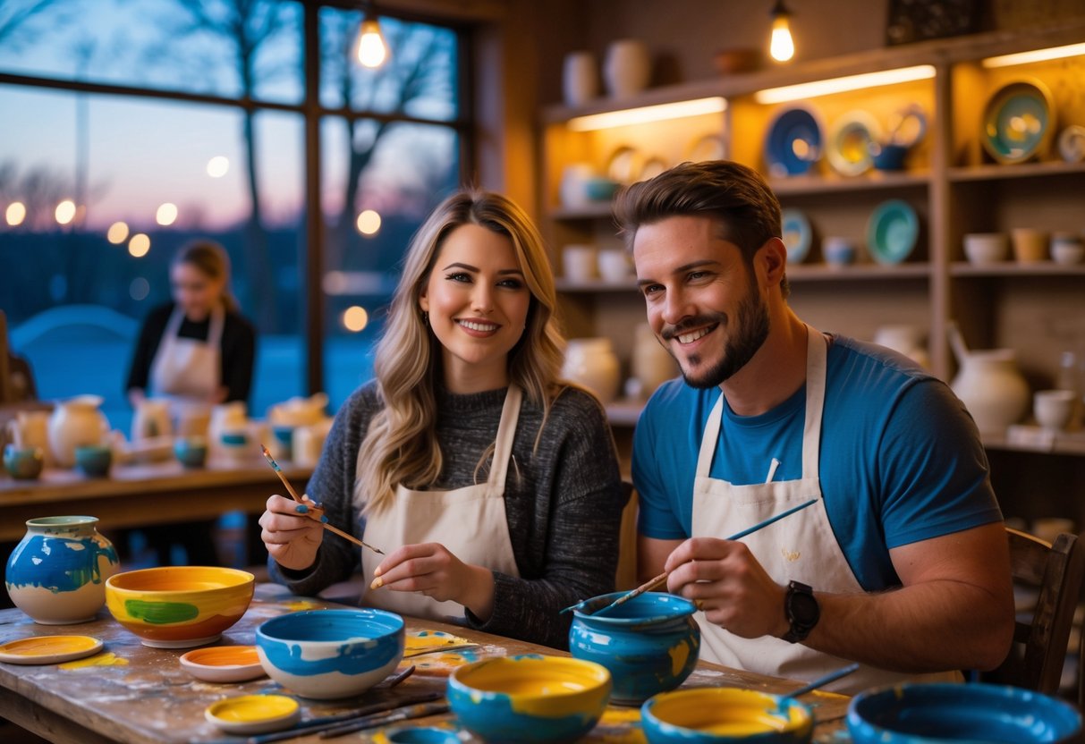 A couple painting pottery together at a pottery studio, surrounded by art supplies and colorful ceramics.