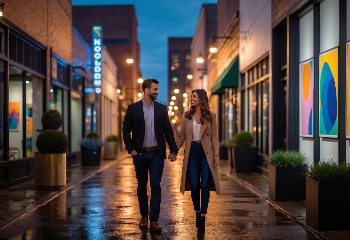 A couple walking hand-in-hand along an urban street lined with art galleries at night.