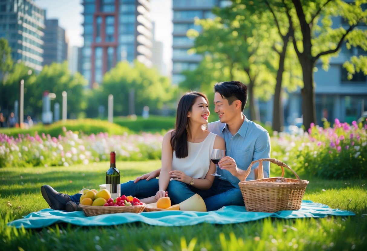 A young couple enjoying a picnic together in a city park surrounded by flowers and buildings.