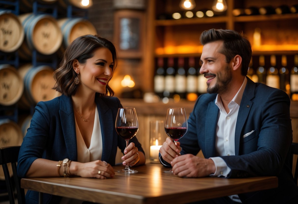 A couple enjoying wine together at a cozy table inside City Winery Nashville on a Sunday evening.