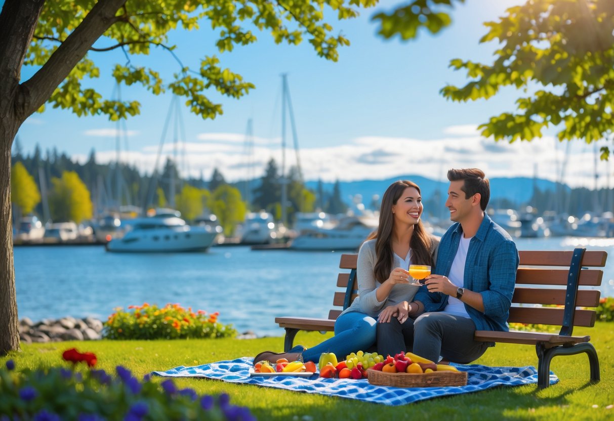 A young couple enjoying a picnic on a bench by the waterfront in Nanaimo with boats and trees in the background.