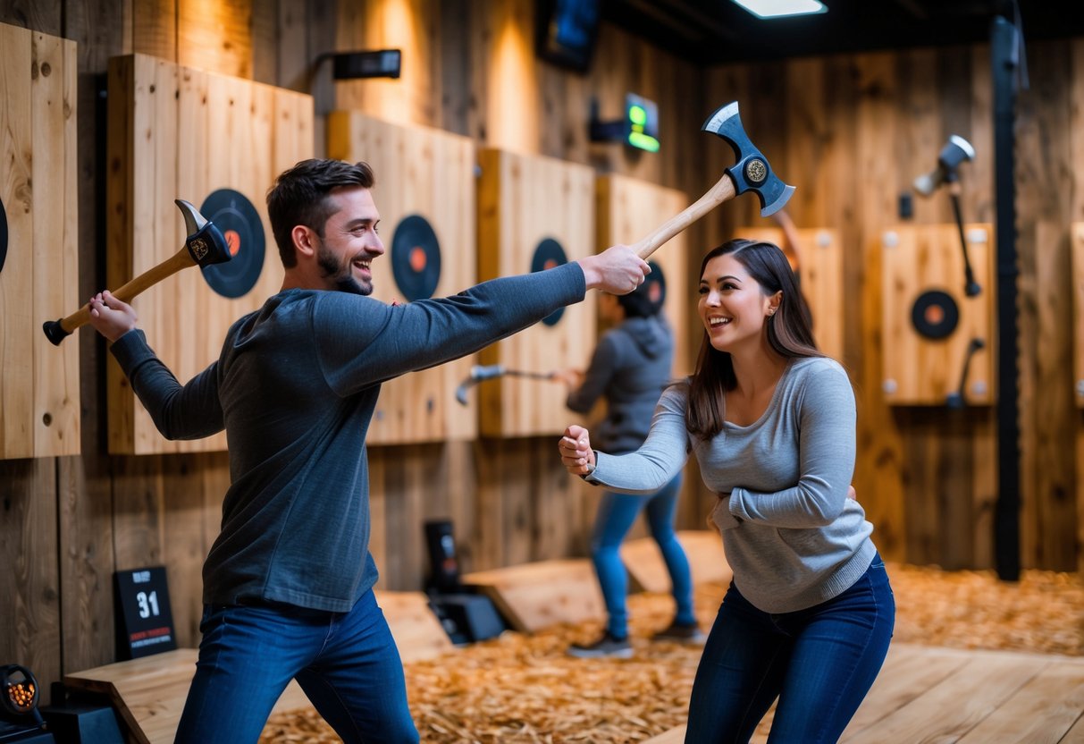 A couple enjoying axe throwing together at an indoor axe throwing venue with wooden targets and axes.