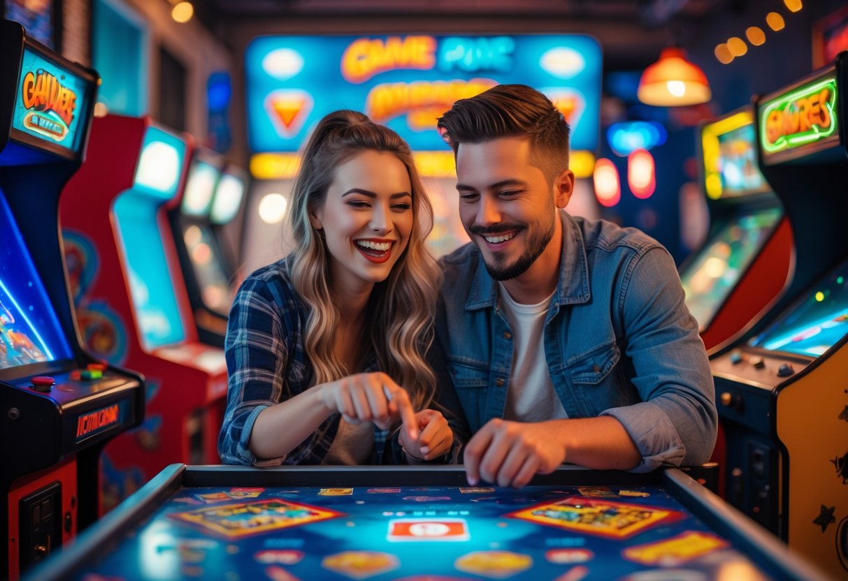 A young couple playing vintage arcade games together in a lively arcade filled with colorful game machines and neon lights.