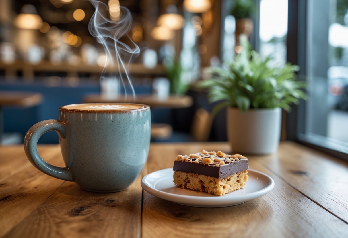 A cup of coffee and a Nanaimo bar on a wooden table inside a cozy café with soft natural light.