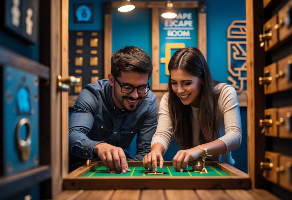 A young couple working together to solve puzzles in an escape room.