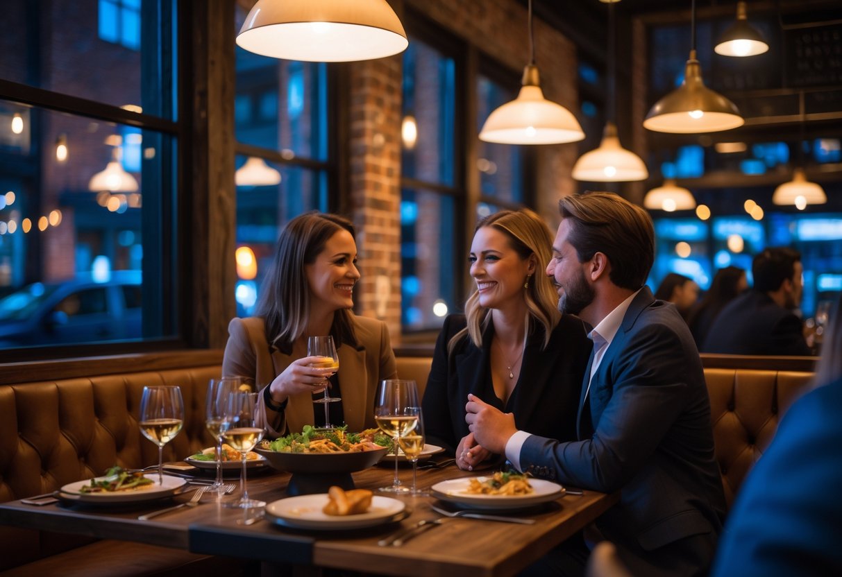 A couple enjoying a romantic dinner at a cozy restaurant with warm lighting and elegant table settings.