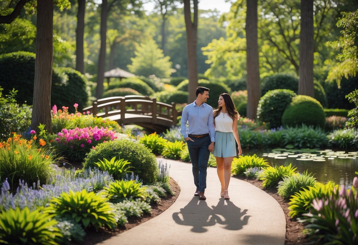 A couple walking along a garden path surrounded by flowers, trees, and a pond in Meadowlark Botanical Gardens.