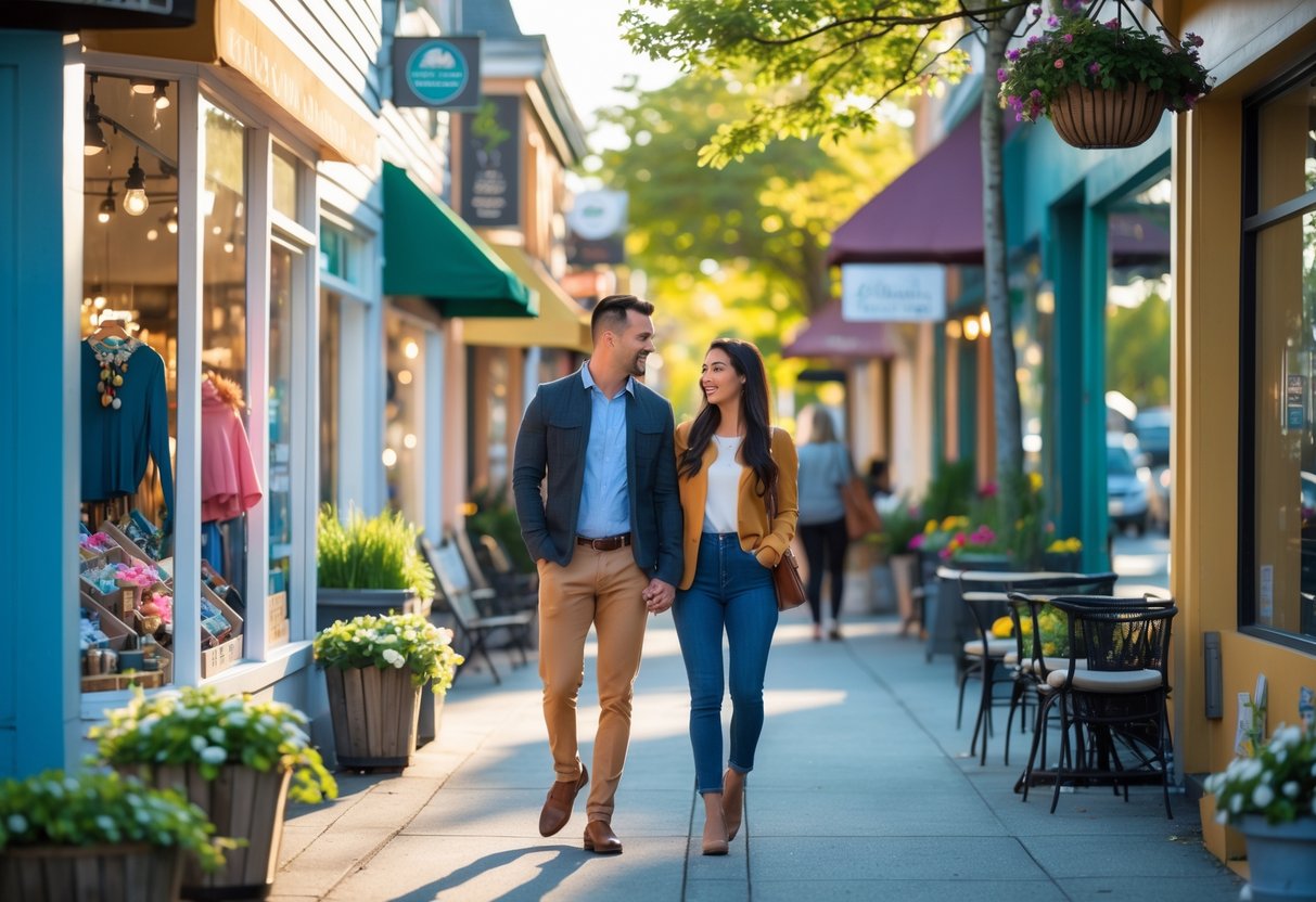 A couple browsing boutique shops on a sunny pedestrian street lined with colorful storefronts and greenery.