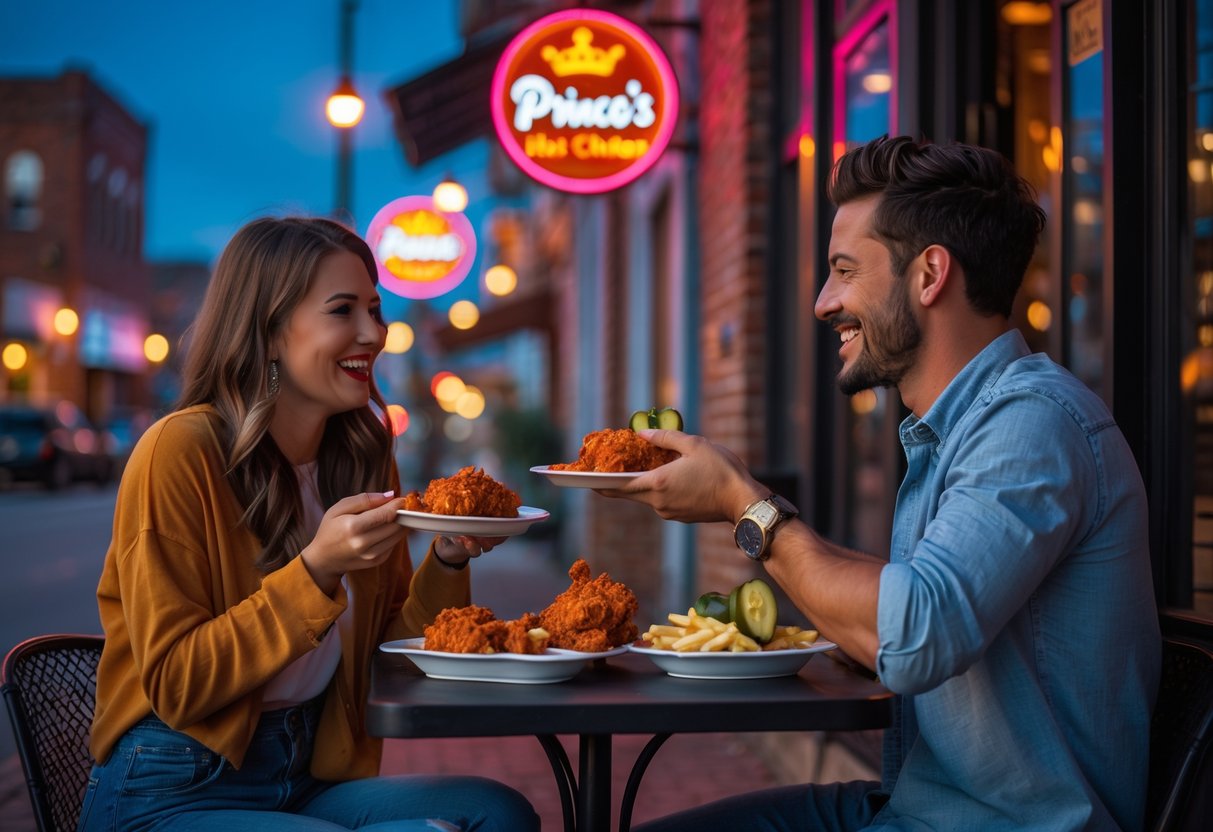 A young couple enjoying late-night hot chicken outdoors at a busy Nashville restaurant on a Sunday night.