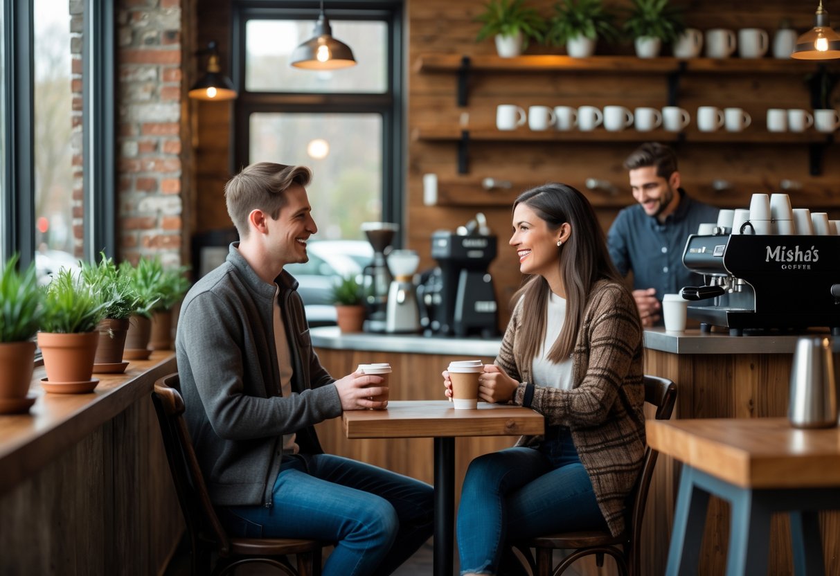 A young couple enjoying coffee together at a cozy café table with warm lighting and a barista working in the background.