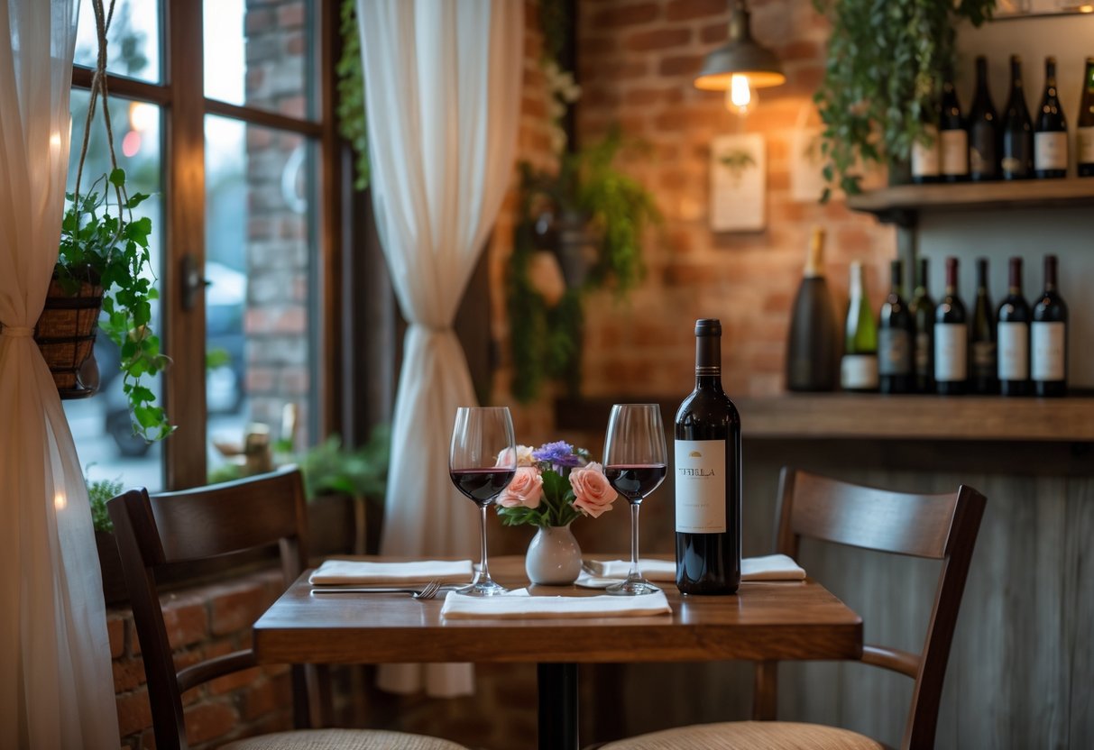 Cozy Italian restaurant table set for two with wine glasses, flowers, and warm lighting.