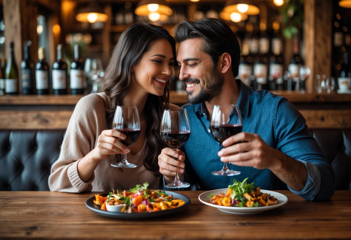 A couple enjoying tapas and wine at a cozy restaurant table.
