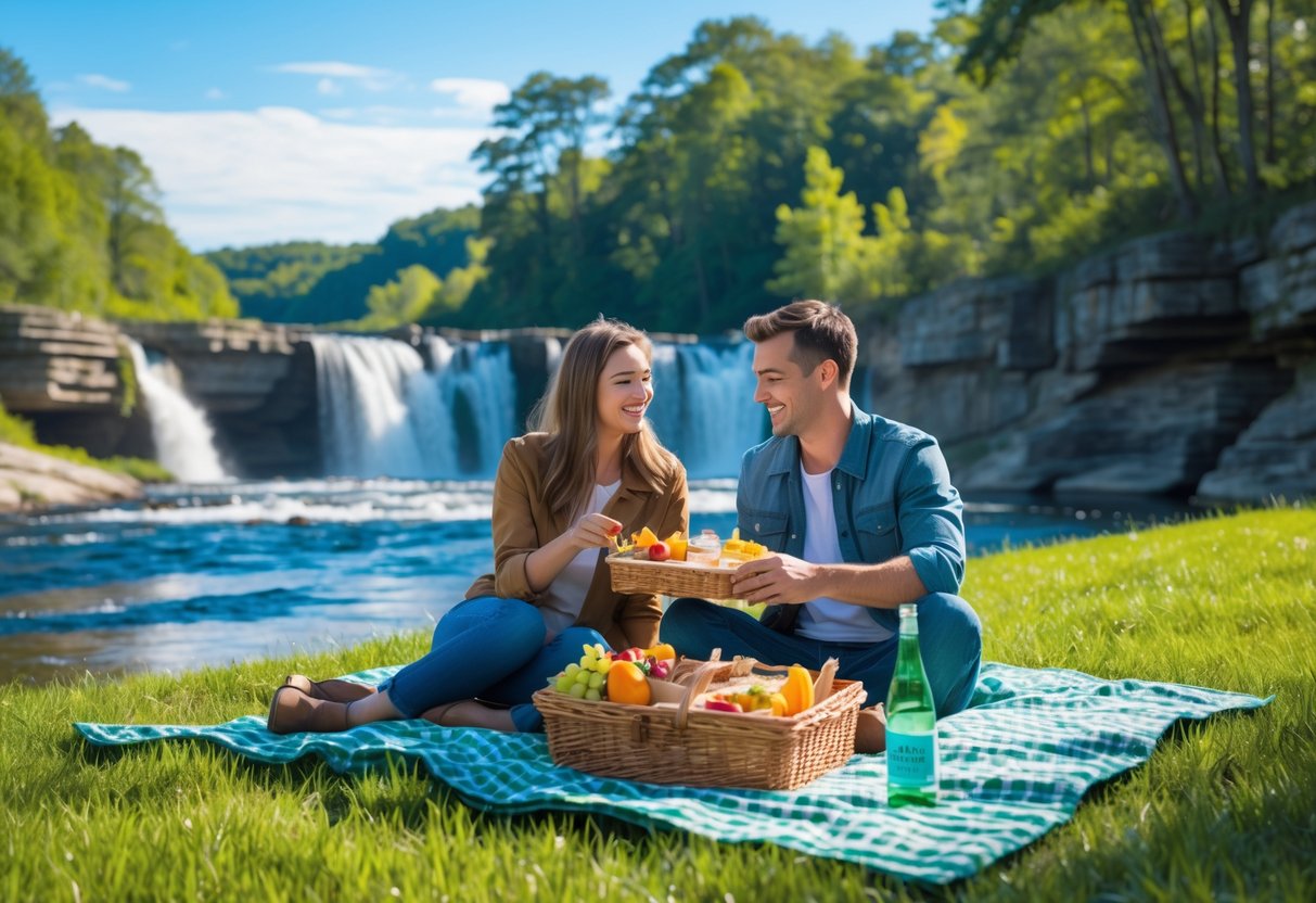 A young couple enjoying a picnic near a river with waterfalls and trees in the background.
