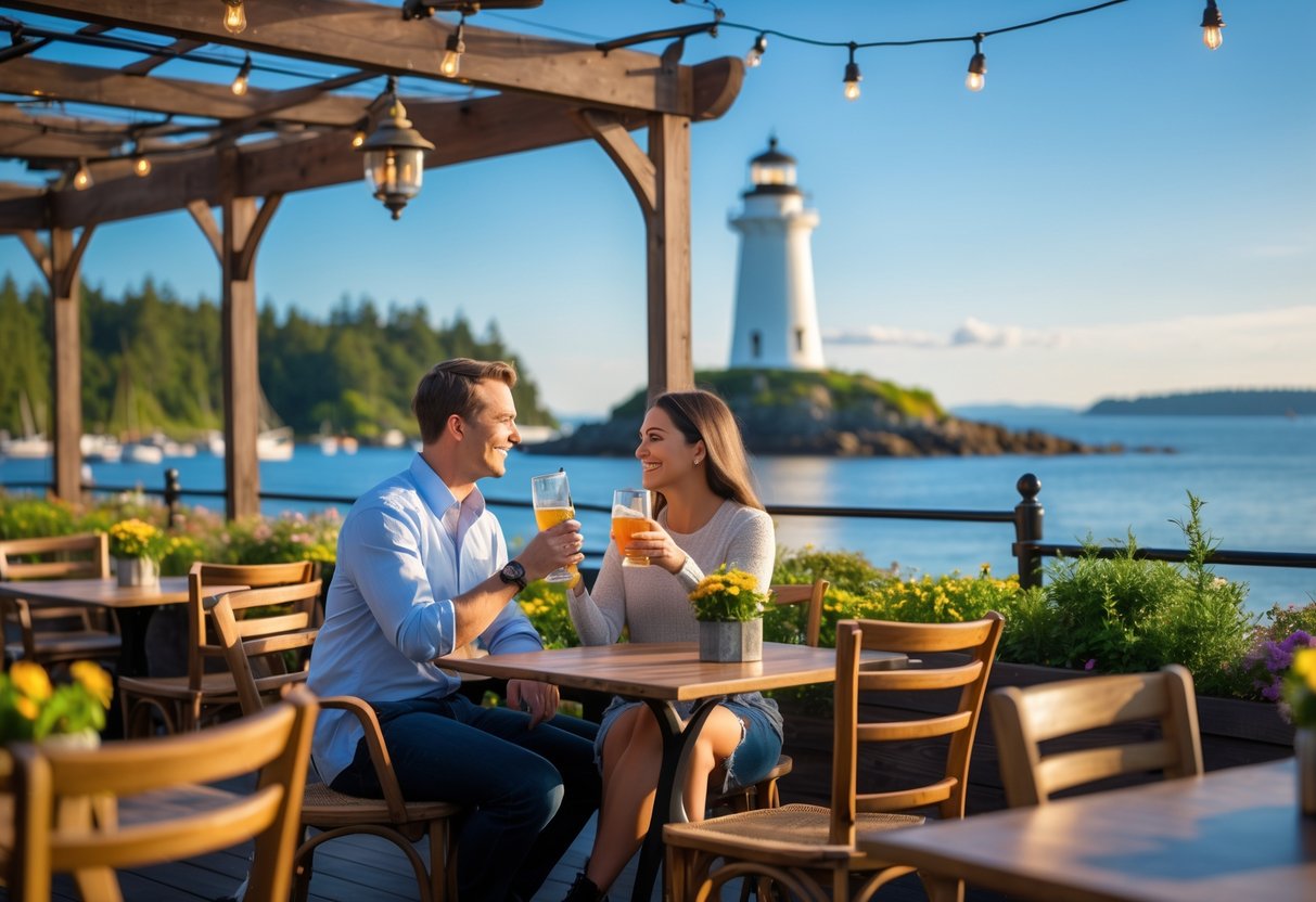 A couple enjoying drinks at an outdoor bistro patio near a lighthouse by the water.