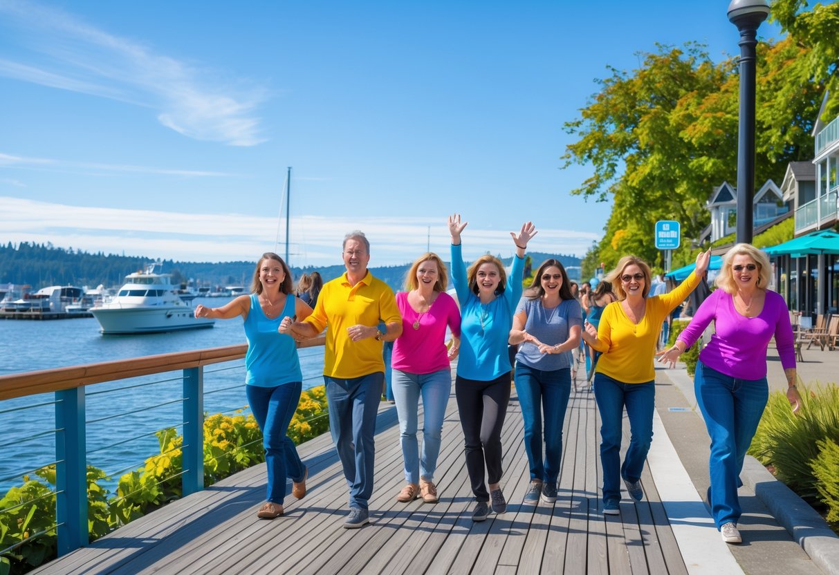 A group of people walking playfully along a waterfront boardwalk with boats and greenery in the background.