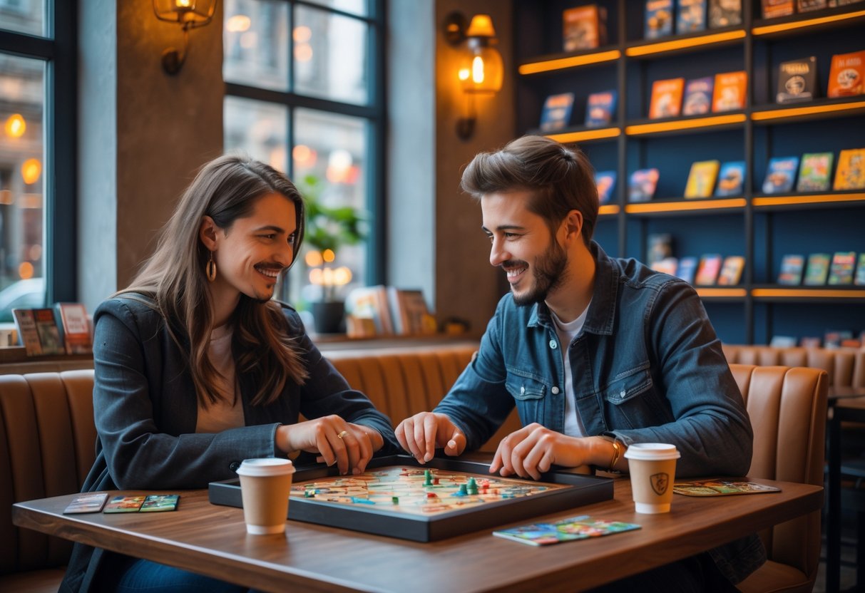 A young couple playing a board game together at a cozy café table with shelves of games in the background.