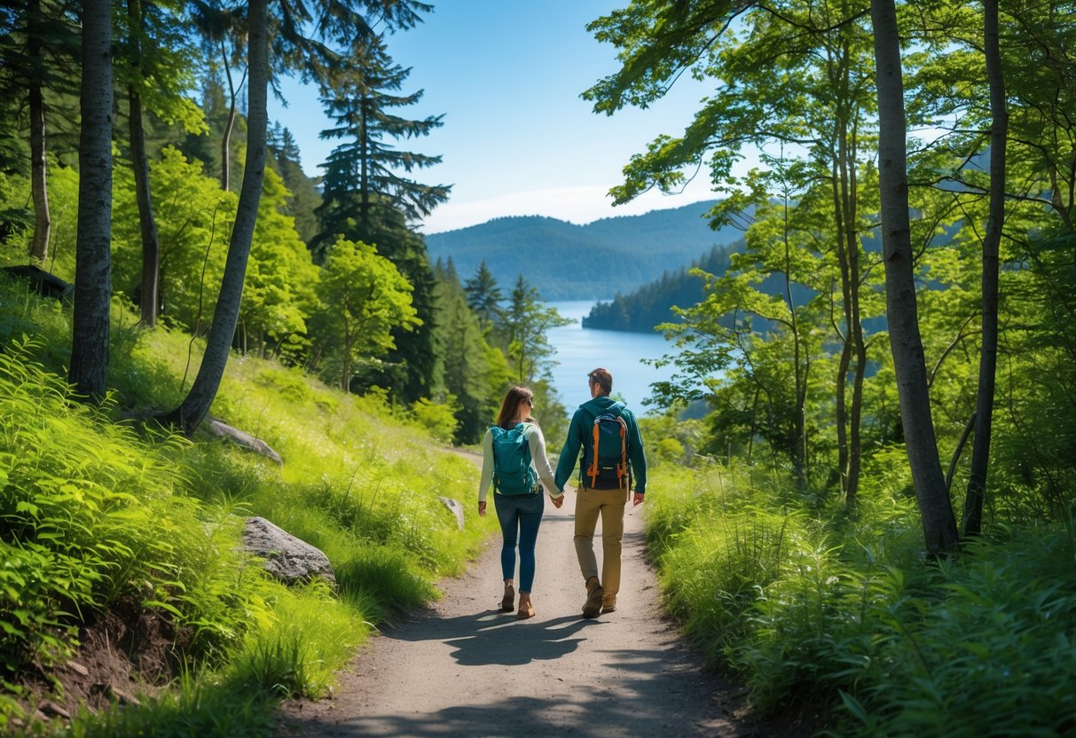 A couple walking hand-in-hand on a forest hiking trail surrounded by green trees and sunlight.