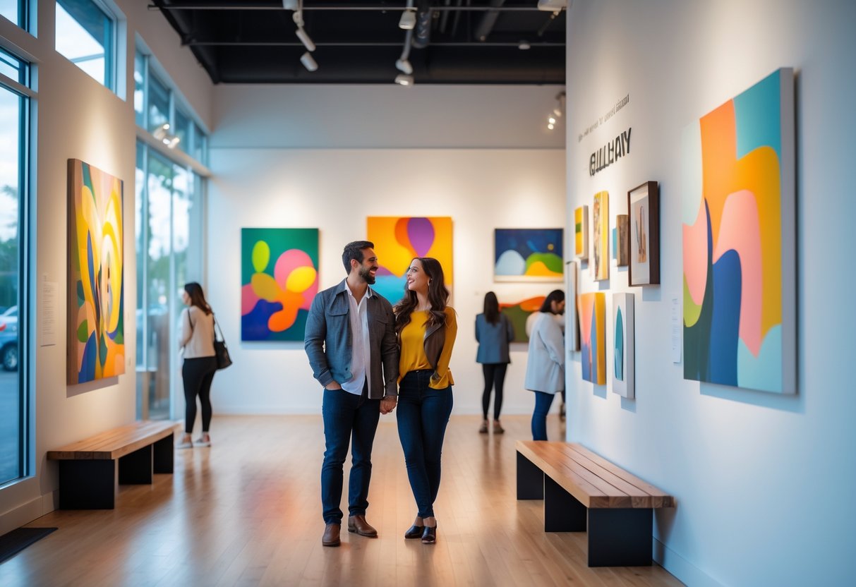 A couple looking at paintings inside a bright art gallery with other visitors in the background.