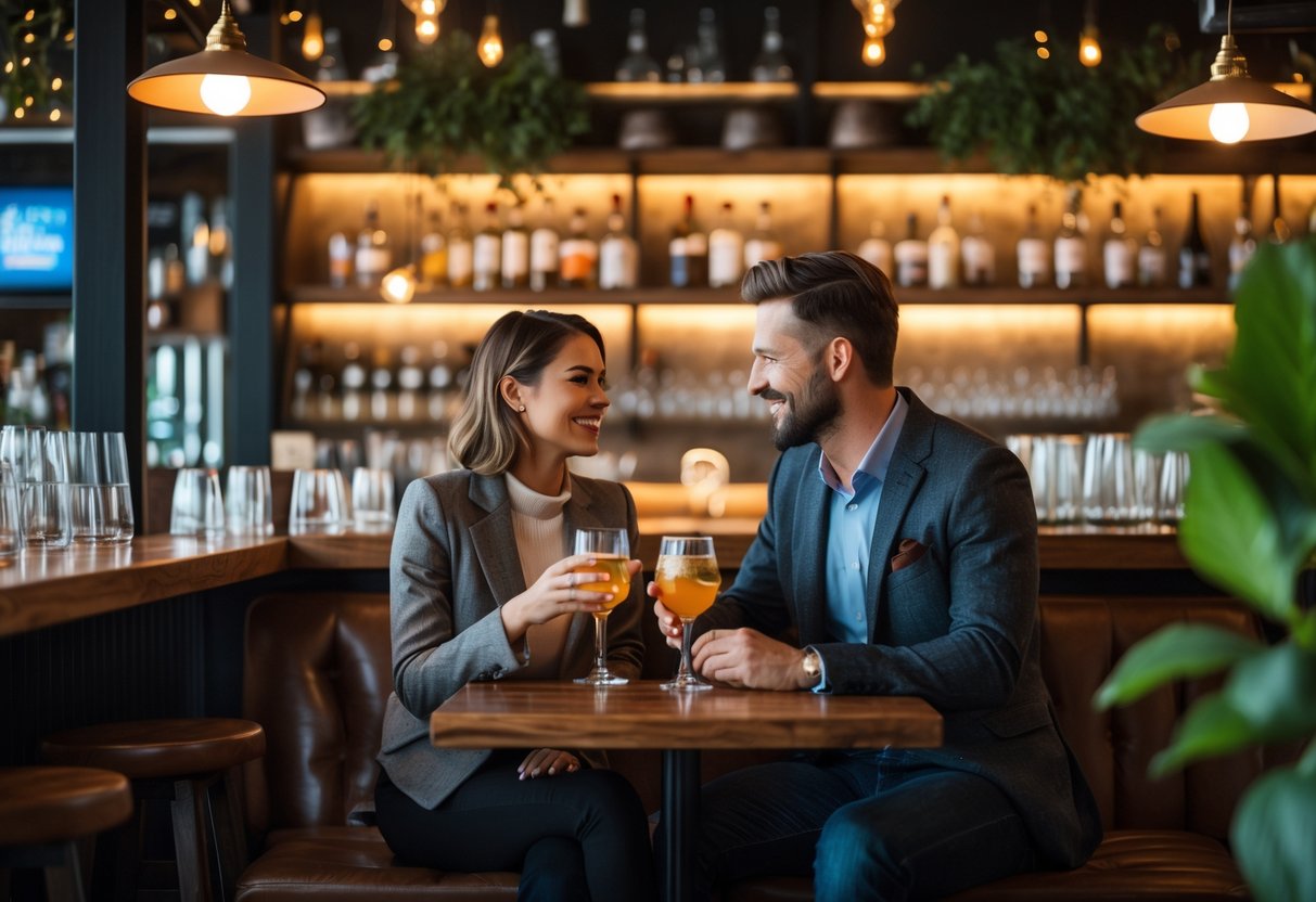 A couple enjoying drinks together at a cozy bar with warm lighting and rustic decor.