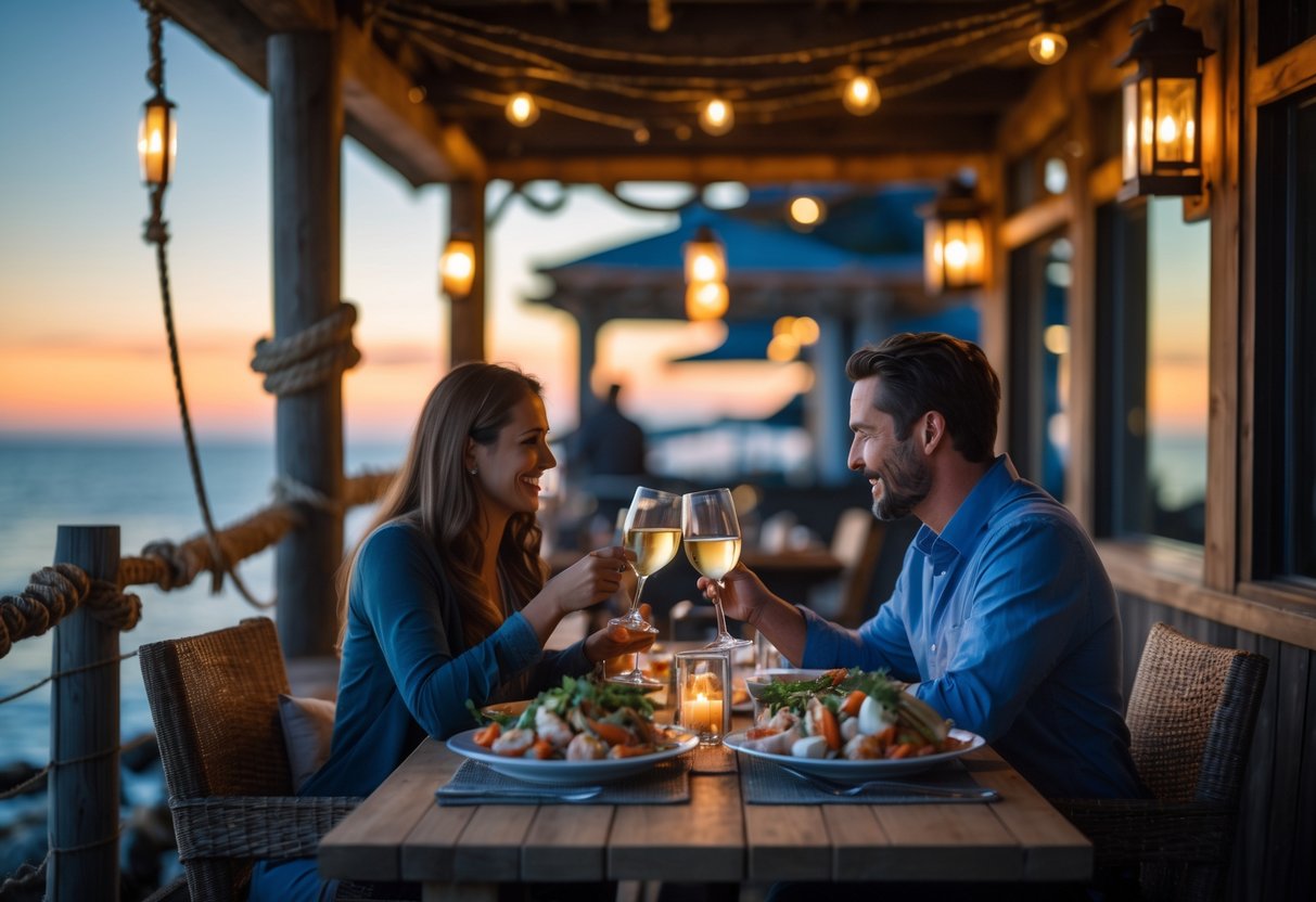 A couple enjoying a romantic dinner at an outdoor restaurant by the ocean during sunset.